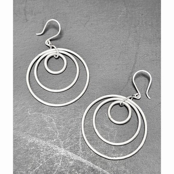 Sterling Silver Boho Triple Hoop Earrings 925 Marked Tested 2" Geometric Drops - Picture 3 of 5